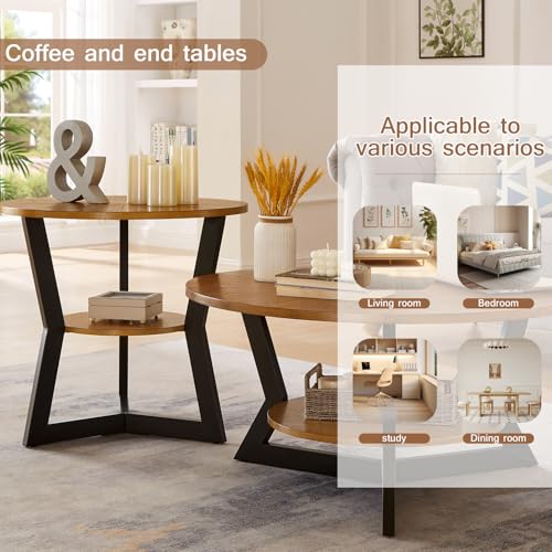 Coffee Table, Round Wood Coffee Table for Living Room with 2-Tier Table Top with Storage Rack, Metal Leg Triangle Support Design, Home Furniture, 35 x 35 x 17 in