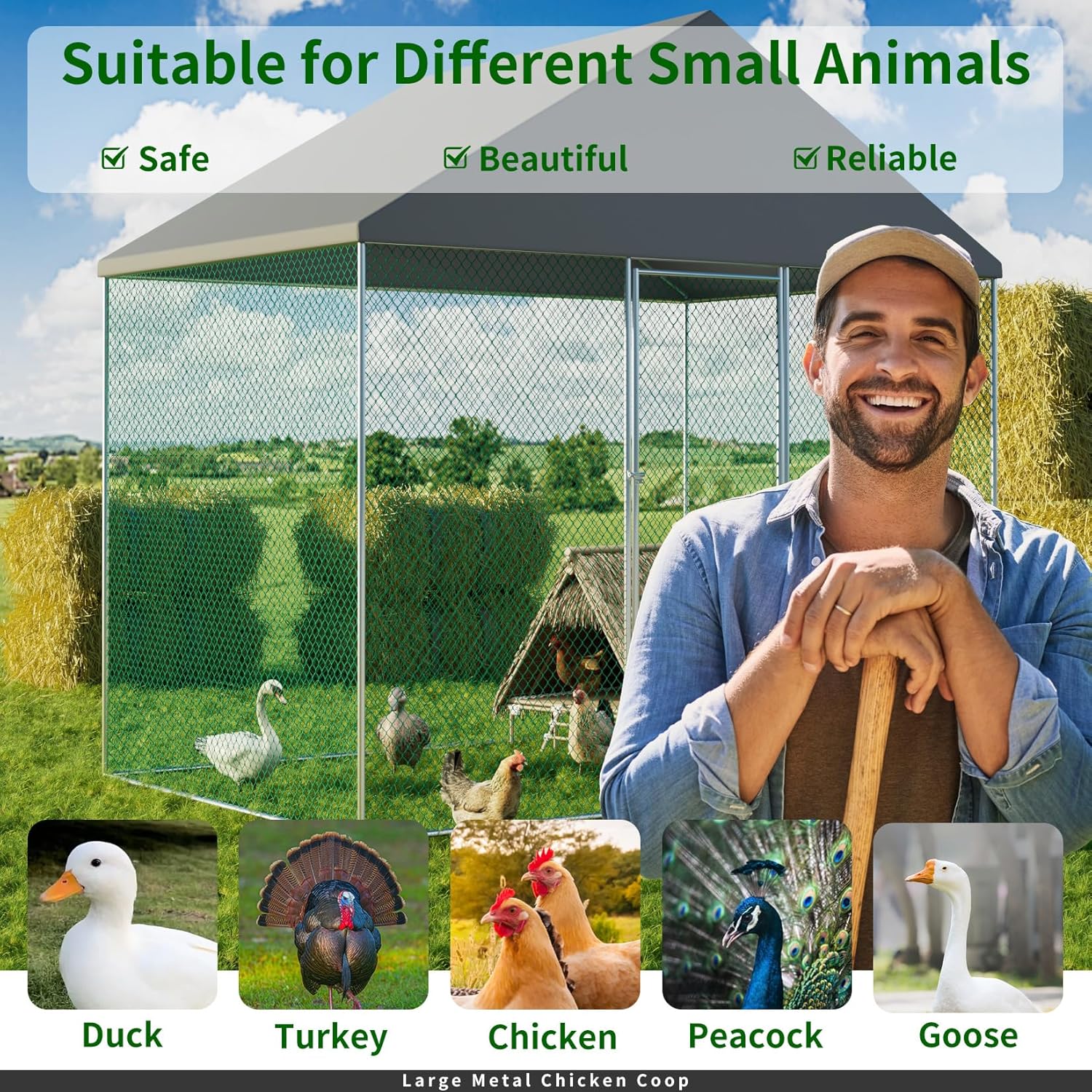Large Chicken Coop Run Outdoor: Walk-in Poultry Hen Cage Run House with Small Feeding Door and Stakes - 9Ft Extra Tall Full Covered Chickens Habitat Crate Fence with Waterproof Anti-Ultraviolet Cover