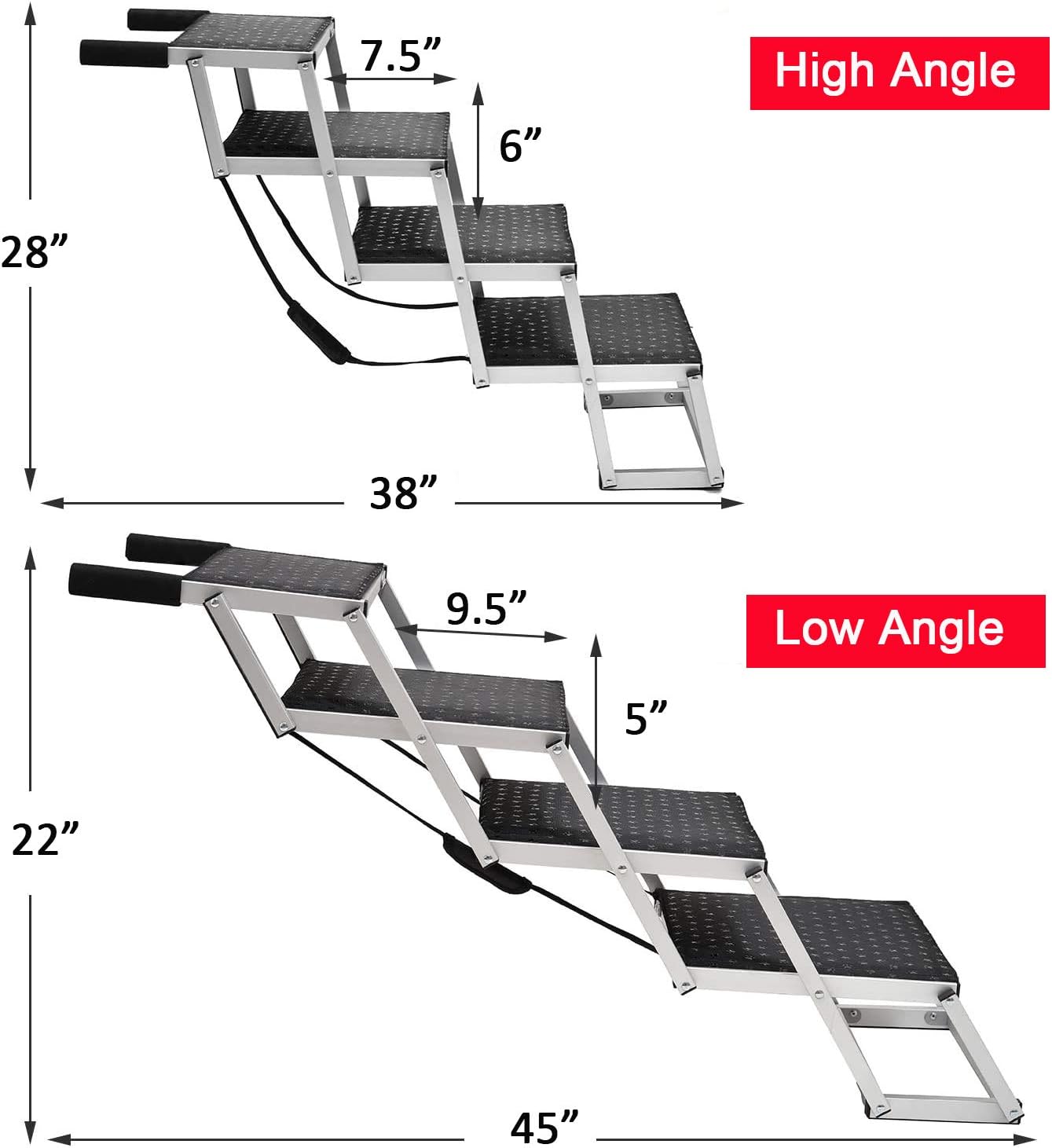 Portable Dog Stairs for Large Dogs, Foldable Aluminum Lightweight Pet Ramps,Accordion Pet Ladder Dog Car Steps with Non-slip Surface for High Beds, Trucks, Cars and SUV, Supports up to 200 lbs