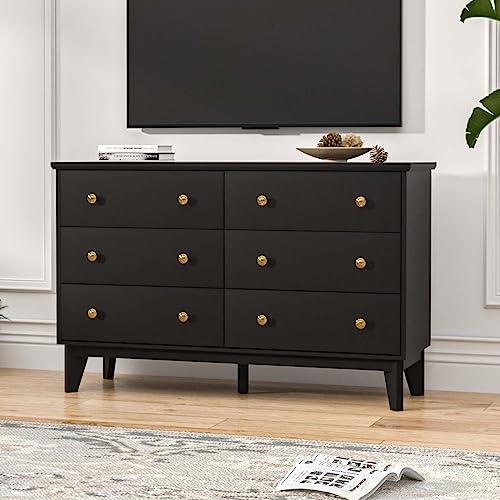 LYNSOM White Dresser for Bedroom, Modern 6 Drawer Double Dresser with Deep Drawers and Gold Knobs, Wood Storage Chest of Drawers for Living Room, Office