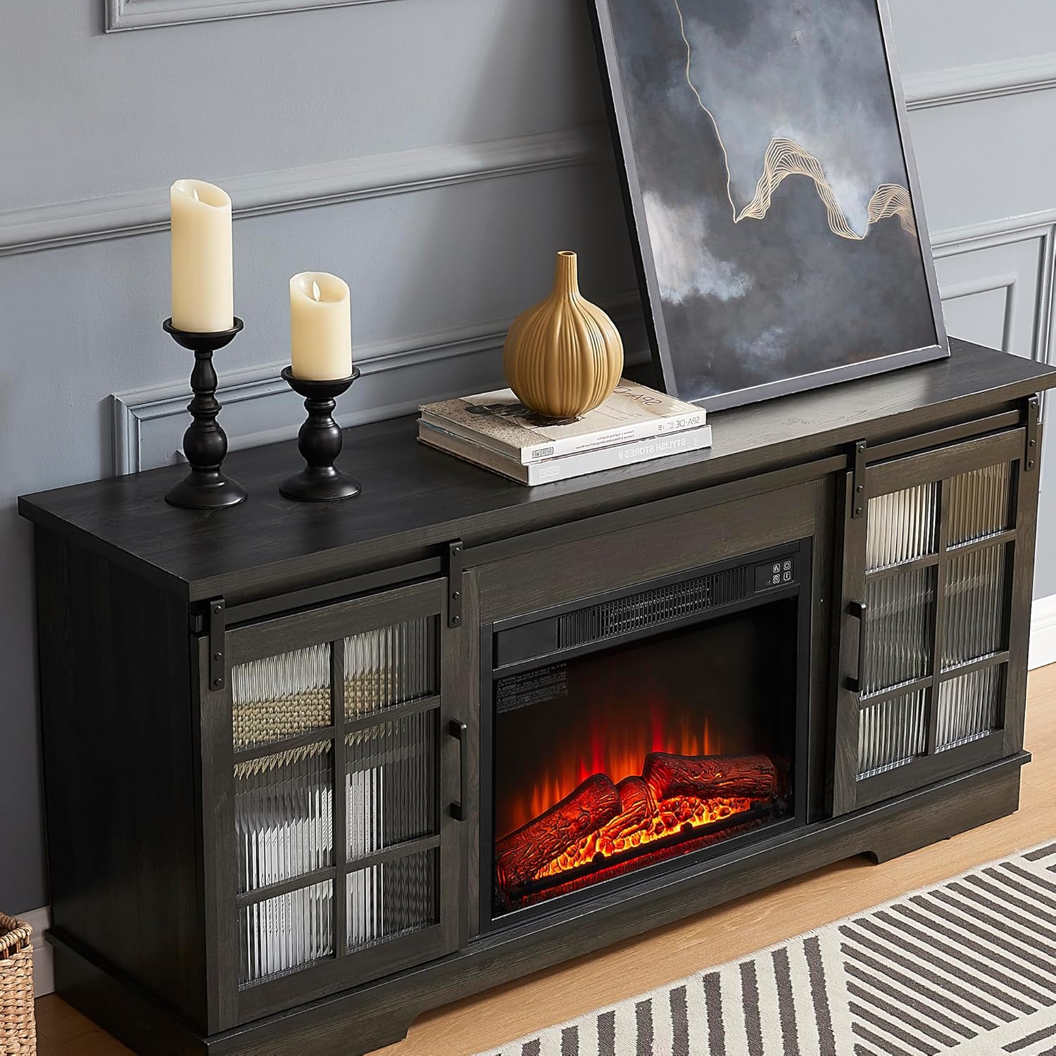 Electricity Fireplace TV Stand for 65 Inch TV,Farmhouse Entertainment Center with 23" Fireplace and LED Lights,Media Console Table with Storage Drawers and Sliding Door for Living Room (Charcoal Grey)