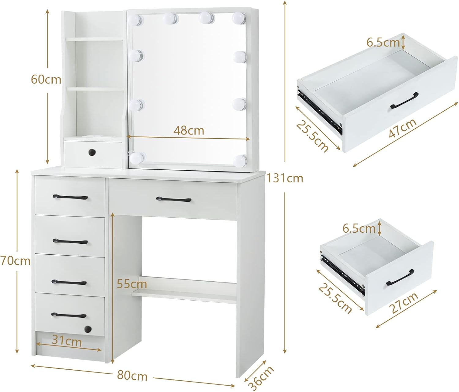 Makeup Vanity Set with 6 Drawers and Lighted Mirror, Multifunctional Table Vanity with 6 Cabinets and Brightness Adjustable, Dressing Cosmetic Desk with Chair for Girls