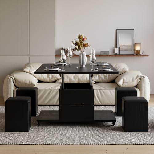 homary Black Lift-Top Coffee Table with Hidden Storage, 3-in-1 Modern Folding Center Table with 4 Stools, Casters, and Lockable Wheels – Convertible Dining & Office Table for Living Room