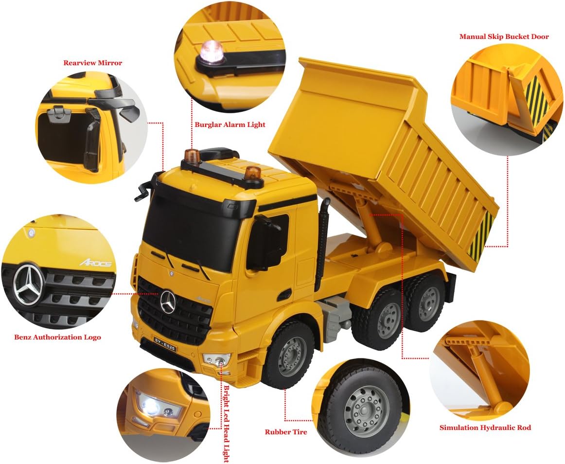 Fisca Remote Control Truck, 1/20 Scale 6 Channel 2.4Ghz RC Dump Truck Construction Vehicle Toy with LED Lights and Simulation Sound for Kids Pack of 2