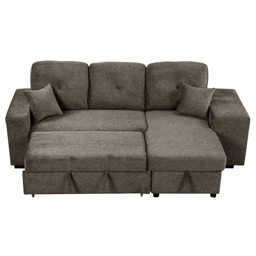 P PURLOVE Sectional Sofa with Pull-Out Sleeper Sofa Bed, Reversible Sectional Sofa with Storage Chaise and 2 Stools, L Shaped Couch Set for Living Room Apartment, Knox Charcoal