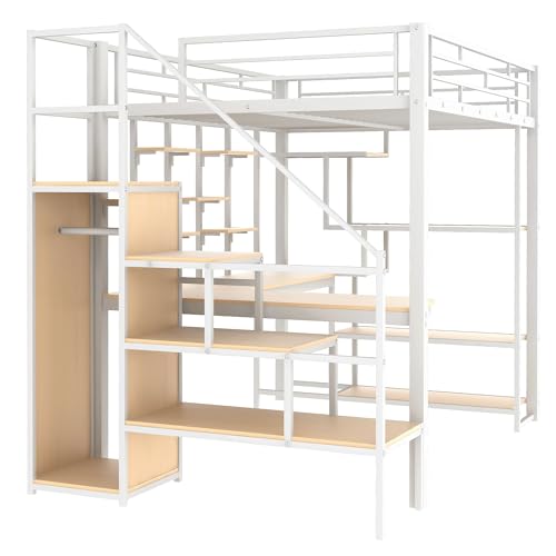 Full Size Metal Loft Bed with Storage Staircase and Small Wardrobe, Built-in Desk and Storage Shelves loft bed with desk and storage (Black)