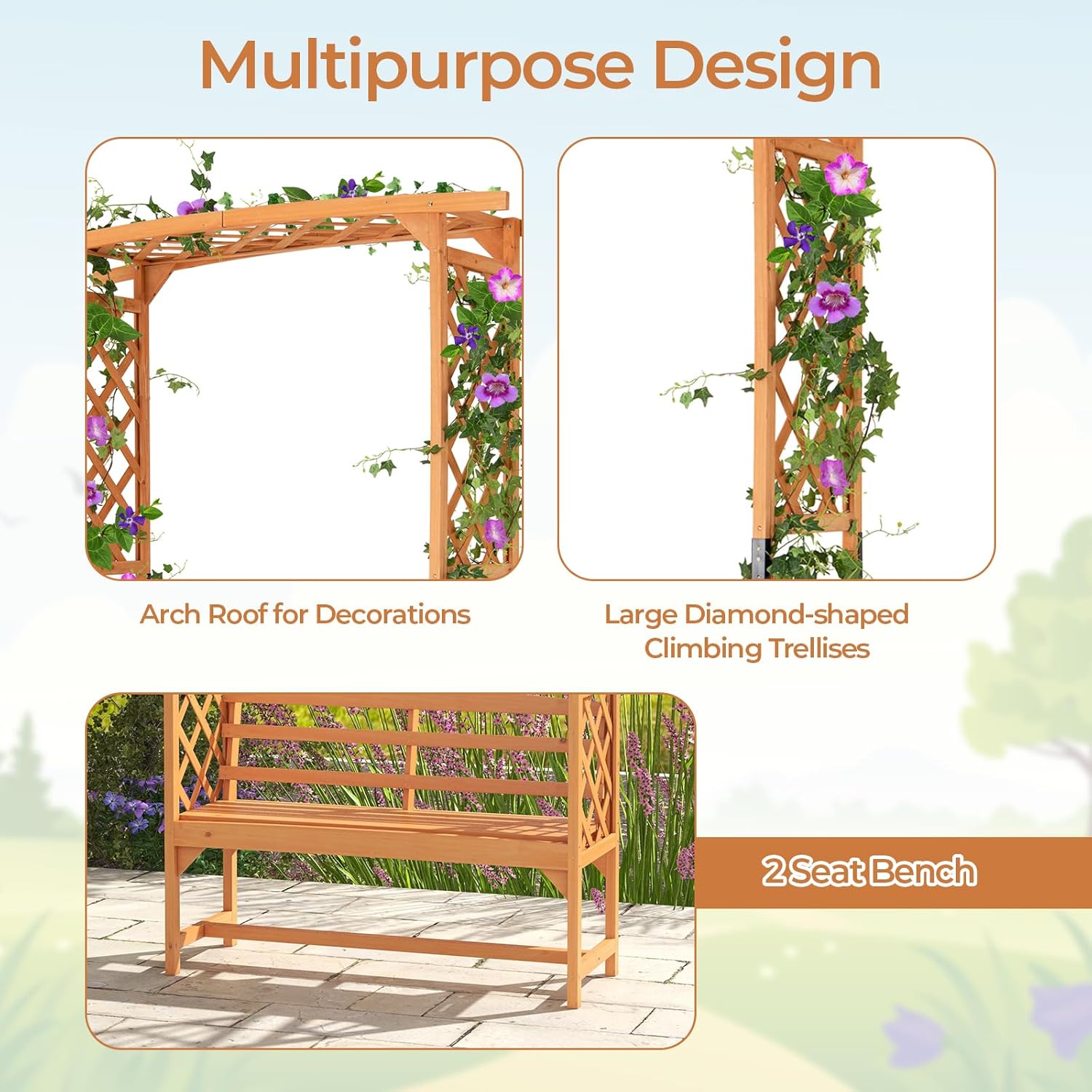 Happygrill Patio Garden Arbor with Bench, Garden Arch Trellis w/Pergola & Side Trellises for Climbing Plants Vines Grapes, 2-Seat Wooden Outdoor Bench, Garden Archway for Wedding Party Backyard