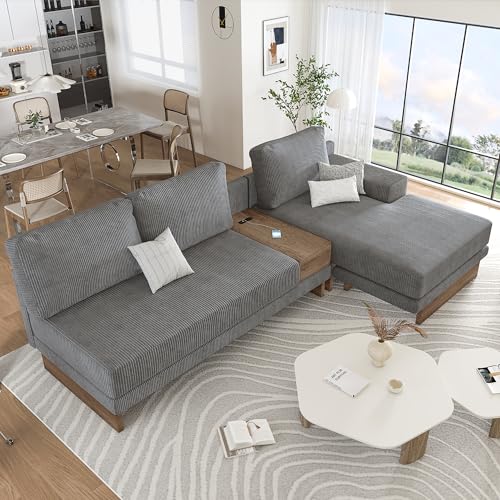 114" L-Shaped Sofa Sectional Sofa with Two USB Ports and Two Power Socket, Modern Couch Set with a Storage Drawer and a Reversible Chaise Lounge for Living Room (Grey)