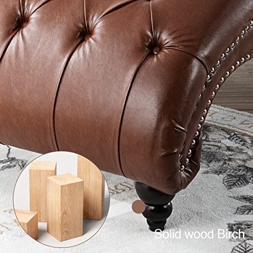 Modern Leather Lounge Chair with Nailhead Trim，Elegant Living Room Lounge Chair for Indoor Bedroom,Button Tufting Chaise Lounge Indoor. (Brown Leather)
