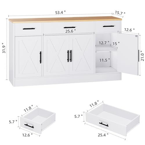 Shintenchi Buffet Cabinet with Storage,53.4" Large Kitchen Storage Cabinet with 3 Drawers and 4 Doors,Wood Farmhouse Buffet Sideboard with Adjustable Shelf for Kitchen Living Room,White