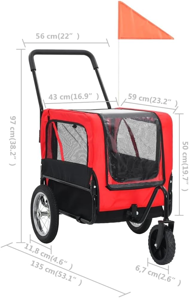 2 in 1 Dog Bike Trailer and Jogging Stroller | Folding Pet Stroller Bicycle Carrier | Foldable Dog Cart for Bicycle | Pet Wagon Cargo Carrier and Jogger for Small and Medium Pet | Red and Black