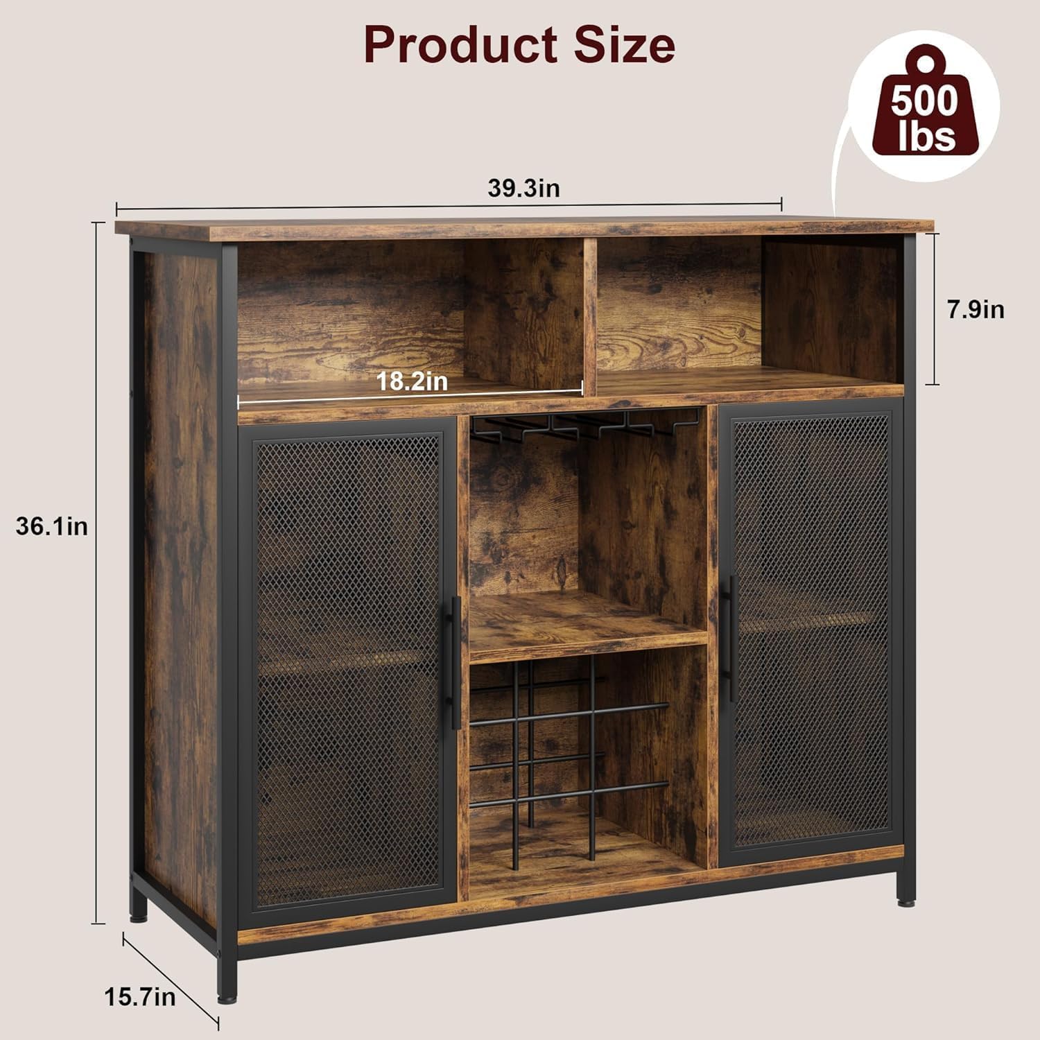 GAOMON Coffee Bar Cabinet, Industrial Buffet Storage Cabinet with Mesh Doors and Adjustable Shelves, Sideboard Buffet Table for Kitchen Living Dining Room, Rustic Brown