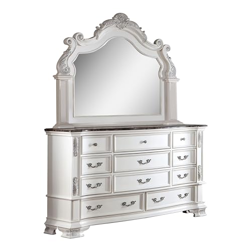 Furniture of America Clairibel Wood 5-Piece Bedroom Set, King-Size Bed with Button-Tufted Headboard, Marble Top Nightstand and Dresser & Dovetail Drawers, Box Spring Required, Pearl White