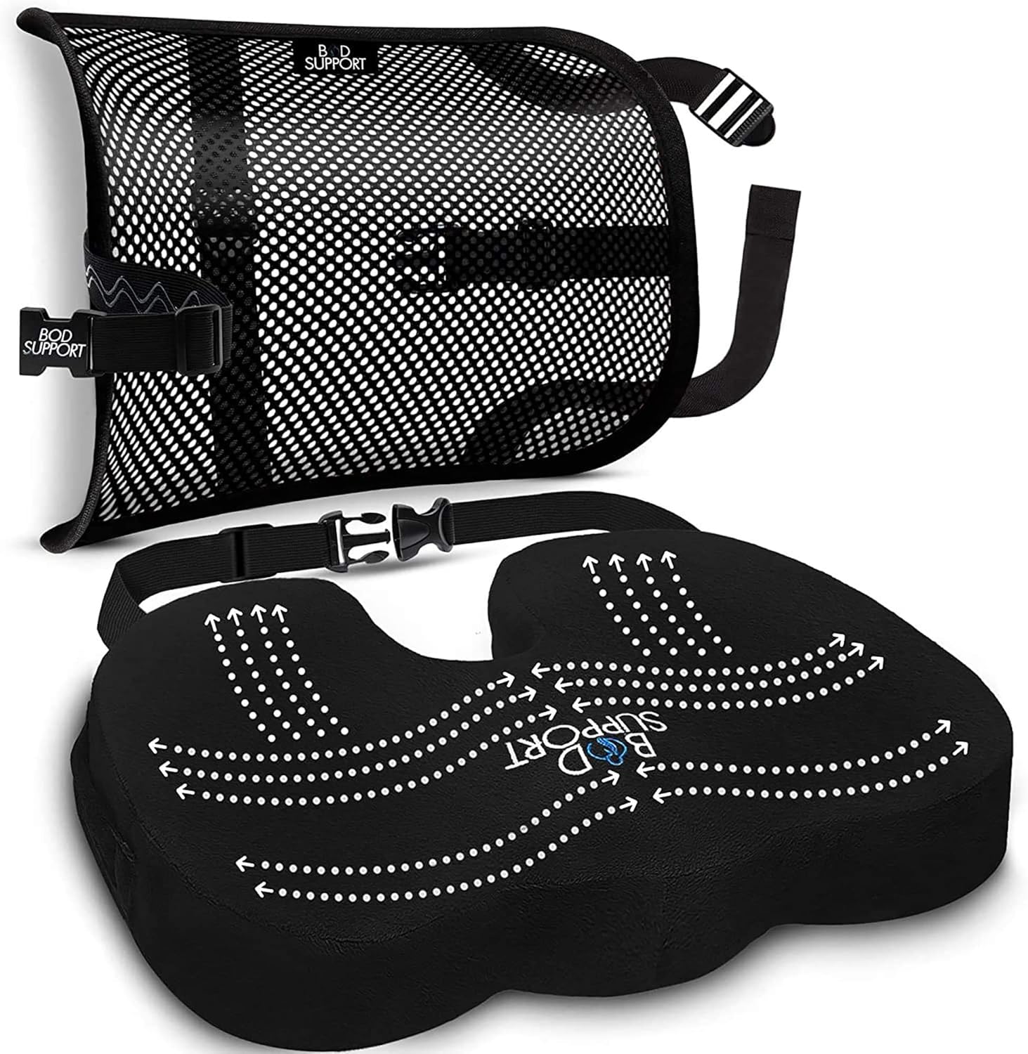 BOD Support Fully Adjustable Memory Foam Seat Cushion and Lumbar Support Ergonomically Designed for Back, Tailbone and Sciatica Pain Relief Perfect for Office Chair,car, Truck, Driver, Seniors