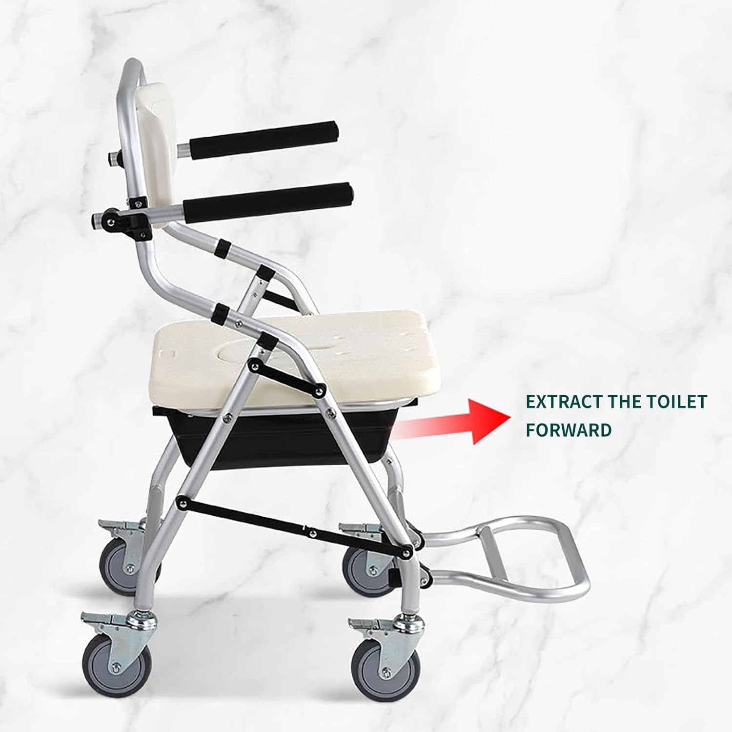 KOHARA Toilet Chair Mobile Shower Chair Elderly Household Bath Chair Toilet Stool 4-Wheel Brake Height Adjustable Wheelchair Bedside Commode Toilet Chair with Back Toilet Chair