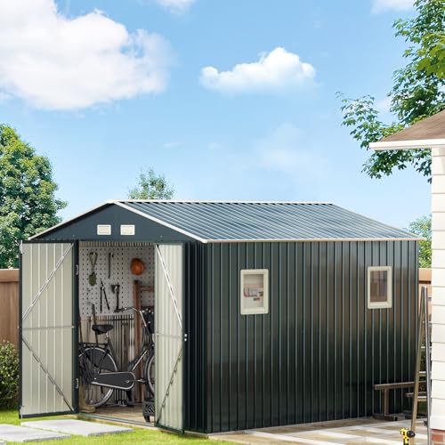 10X12X7.5 FT Outdoor Steel Storage Shed with Lockable Doors, 2 Windows, Transparent Roof Panels (Wood Panels & Frame Floor Not Included), Ideal for Patio Storage,Garbage Can, Chicken Coop，Brown