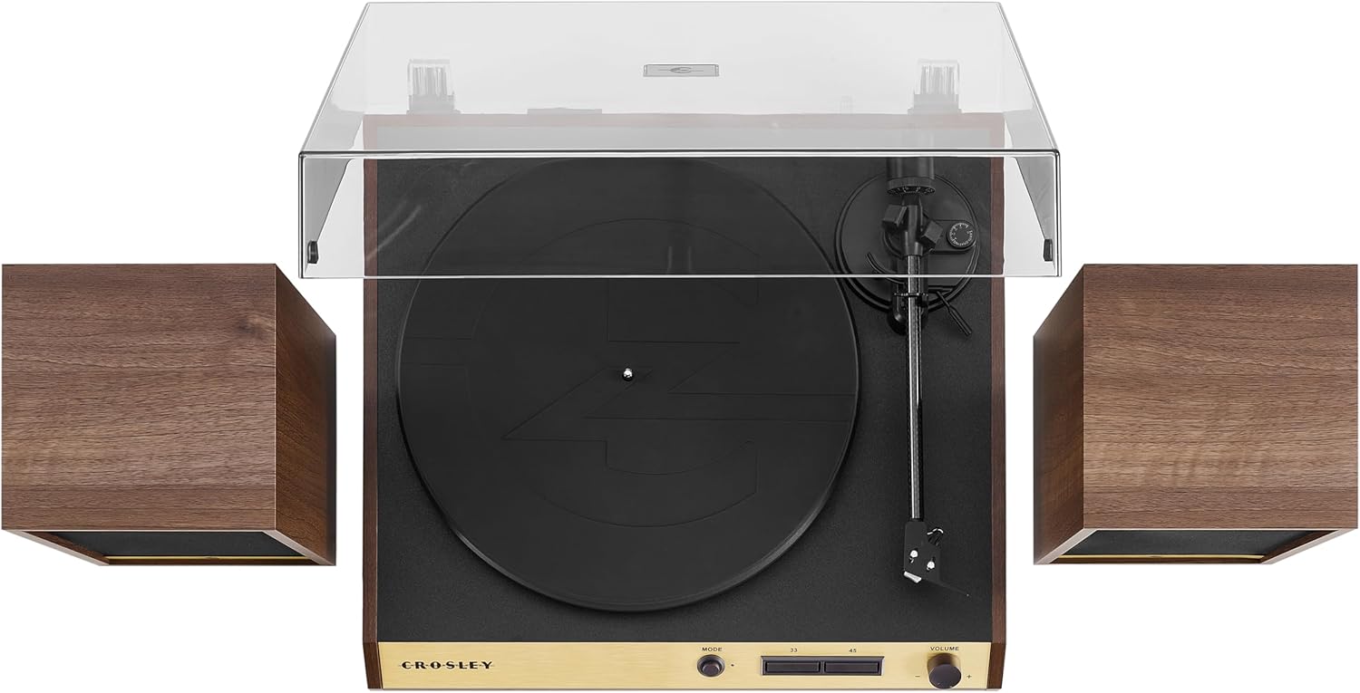Crosley C72 2-Speed Belt-Drive Bluetooth Turntable Record Player with 80W Speakers and Carbon Fiber Tonearm, Walnut