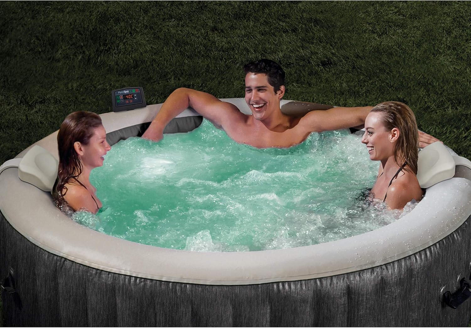 Intex Greywood Deluxe 4 Person Outdoor Portable Inflatable Hot Tub Spa with Multi-Color LED Light, Foam Headrests, and 140 Soothing Bubble Jets, Gray
