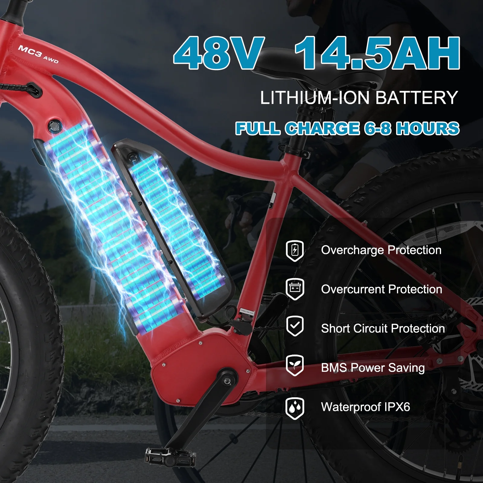 FICISOG 26" x 4" Adult Fat Tire Electric Bike , 500Wx2 Dual Motor AWD MTB, All Terrain Mountain Ebikes, 48V 15AH Removable Battery, 20MPH 7-Speed Electric Bicycle,Single Motor Range 30-45 Miles