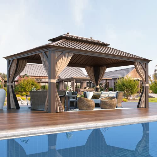 EROMMY 14'x20' Hardtop Gazebo Double Roof Galvanized Steel Canopy Outdoor Aluminum Frame Permanent Metal Pavilion with Netting and Curtains for Patio Backyard Deck and Lawns
