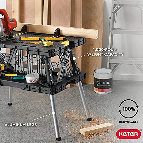 Keter Folding Work Table, Portable Workbench w/ 12" Clamps for Garage/Wood Shop