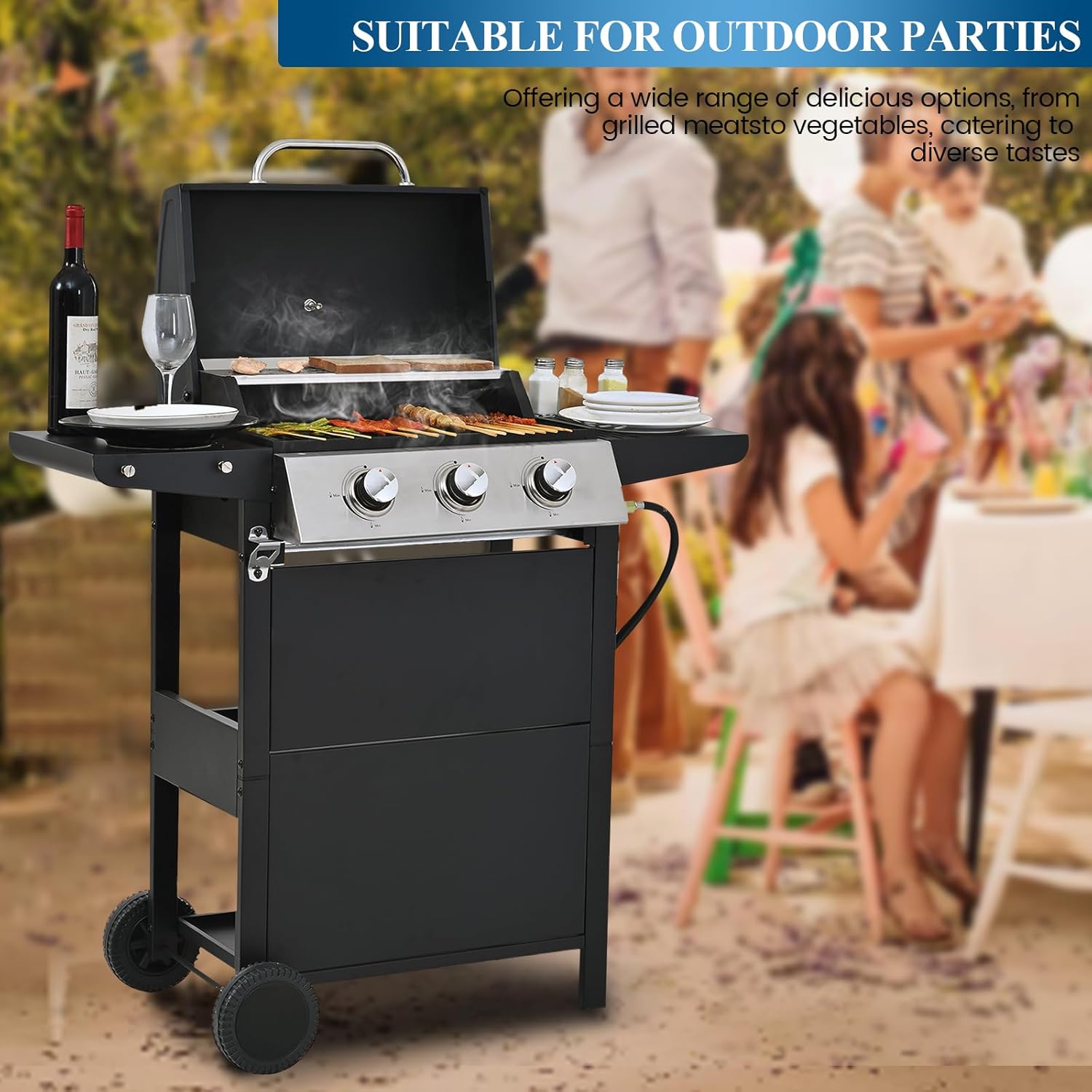 Gas Grill with 2 Side Shelves, Outdoor Patio 3 Burner Propane BBQ Grill with 2 Wheels, Lid and Bottle Opener, 30,000 BTU Stainless Steel Grill for Camping RV Backyard Barbecue Picnic, Black