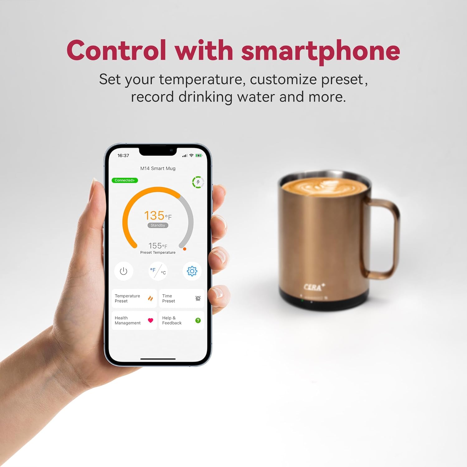 CERA+ Temperature Controlled Smart Mug 2, Self-Heating Coffee Mug with Lid, 90 Minutes Battery Life, APP or Manual Control, Gift-Packing(Brown - 14 oz)