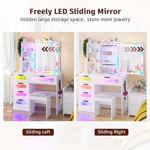 Vanity Desk with Mirror and Lights, RGB LED Makeup Vanity Desk with Charging Station, Vanity Table with Stool & Sliding Touch Mirror, Girls Vanity Set with 5 Drawers (White)