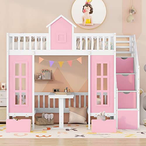 Twin Castle Style Bunk Bed with Slide, Twin-Over-Twin Bunk Bed with 2 Drawers and 3 Shelves, Storage Staircase, Save-Space Solid Wood Bunk Bed Frame for Teens (Pink-Twin-Castle Style)