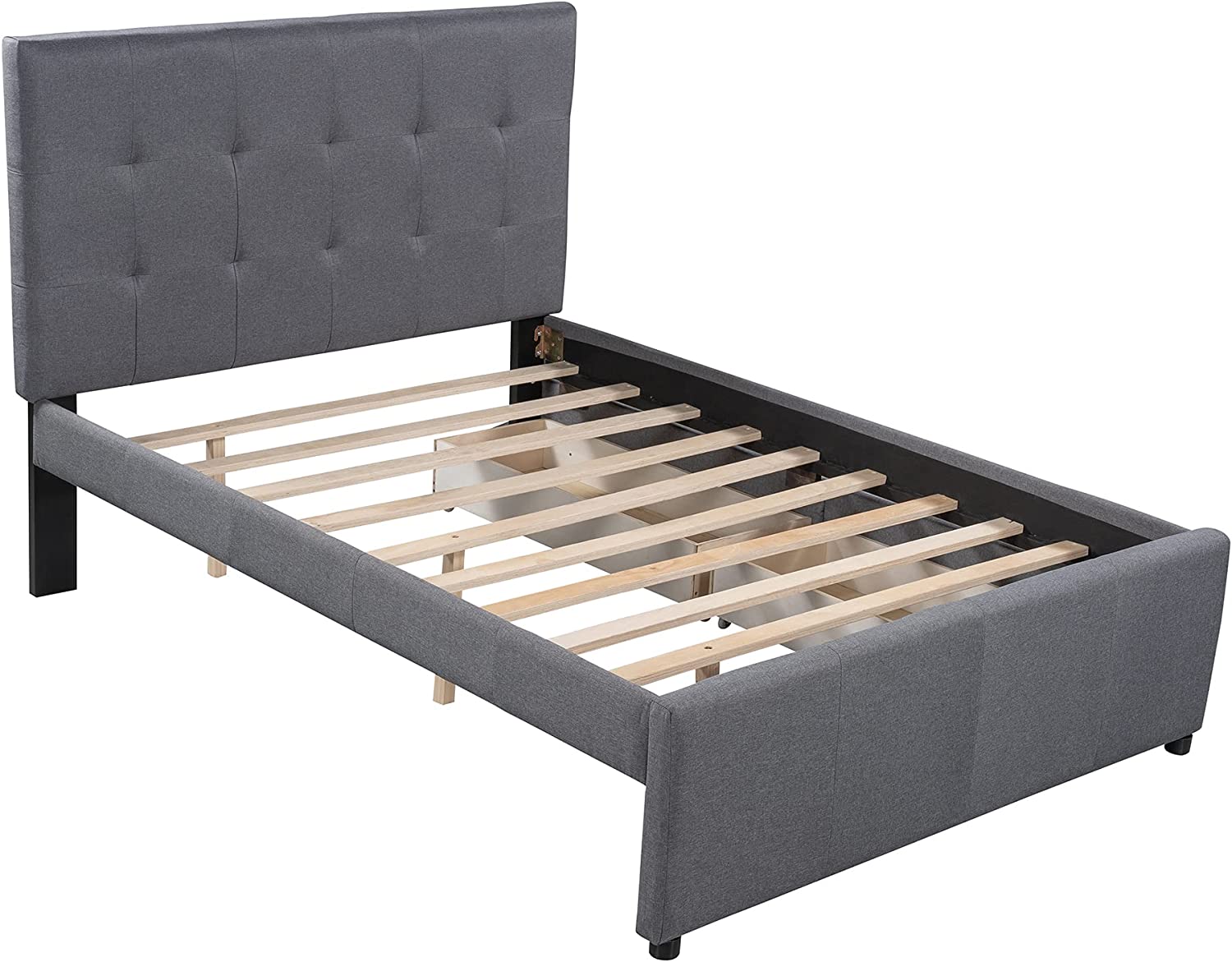 Full Size Bed Frame with Headboard, Linen Upholstered Platform Bed with 2 Drawers, Simple Versatile Bedframe for Adults, Teens & Kids, No Box Spring Needed, Easy Assembly