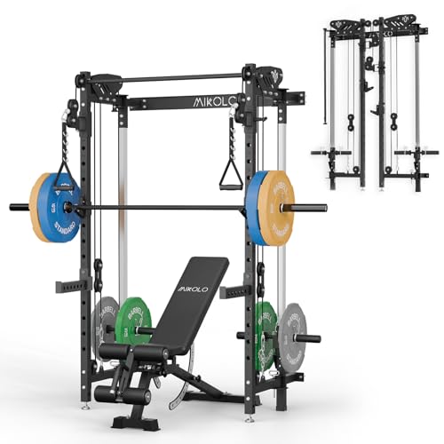 Mikolo Folding Squat Rack, Wall Mounted Power Rack with Cable Crossover Machine & LAT Pull Down, Functional Trainer with 5 Adjustable Function Modes, for Home Gym and Space Saving