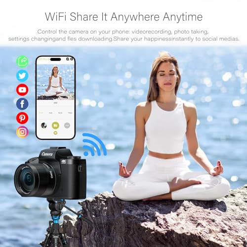 Saneen Digital Camera, 4k Cameras for Photography & Video, 64MP WiFi Touch Screen Vlogging Camera for YouTube with Flash, 32GB Card, Lens Hood, 3000mAH Battery, Front and Rear Cameras - Black