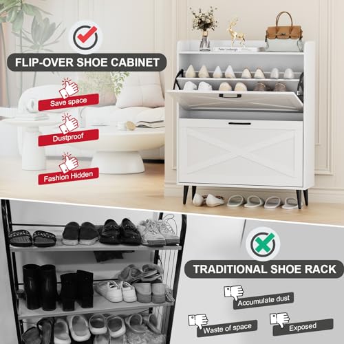 Shoe Storage Cabinet for Entryway with 2 Flip Doors, Hidden Shoe Storage Organizer with Metal Legs for Entryway, Closed Slim Shoe Rack Cabinet, White