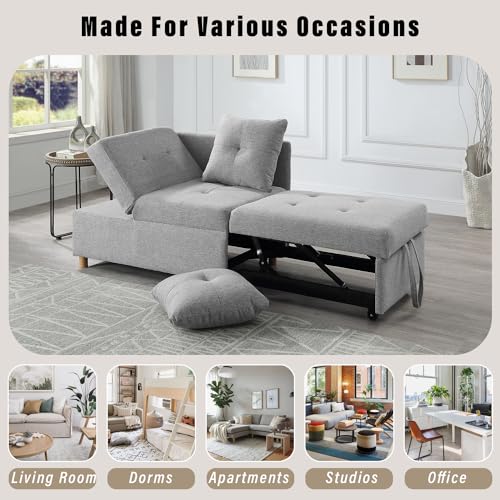 Pull Out Sleeper Sofa Bed Chair 4-in-1 Convertible Chair Bed, Linen Fabric loveseat Sofa with 2 Throw Pillow, Single Recliner for Small Space with 5 Adjustable Backrest, (Light Gray)