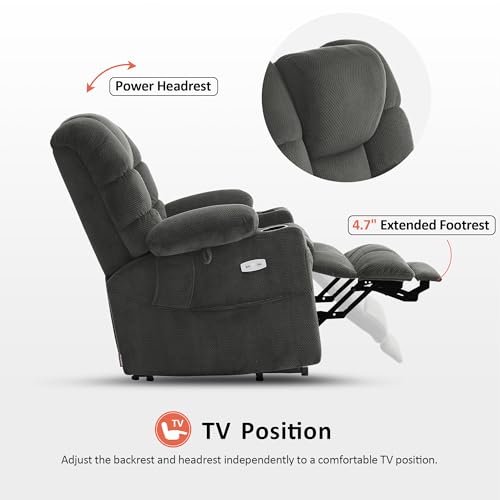 MCombo Large Triple Motor Power Lift Recliner Chair with Massage and Dual Heating, Adjustable Headrest for Tall Elderly People, Fabric 7634 (Grey, Large)