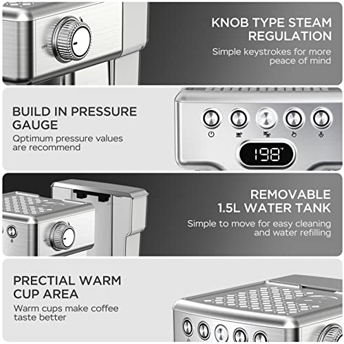 Geek Chef Espresso Machine, 20 Bar Espresso Maker with Milk Frother Steam Wand, Compact Coffee Machine with for Cappuccino,Latte, Fast Heating, Stainless Steel