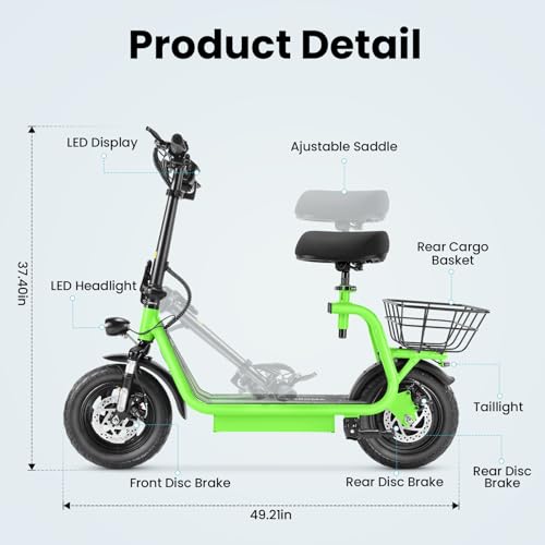 Caroma Peak 800W/1200W Electric Scooter Adults, 30 Miles Max Range, Foldable Electric Scooter with Seat, Front Suspension, Detachable Large Basket,Commuter E-Scooter for Adult and Teens