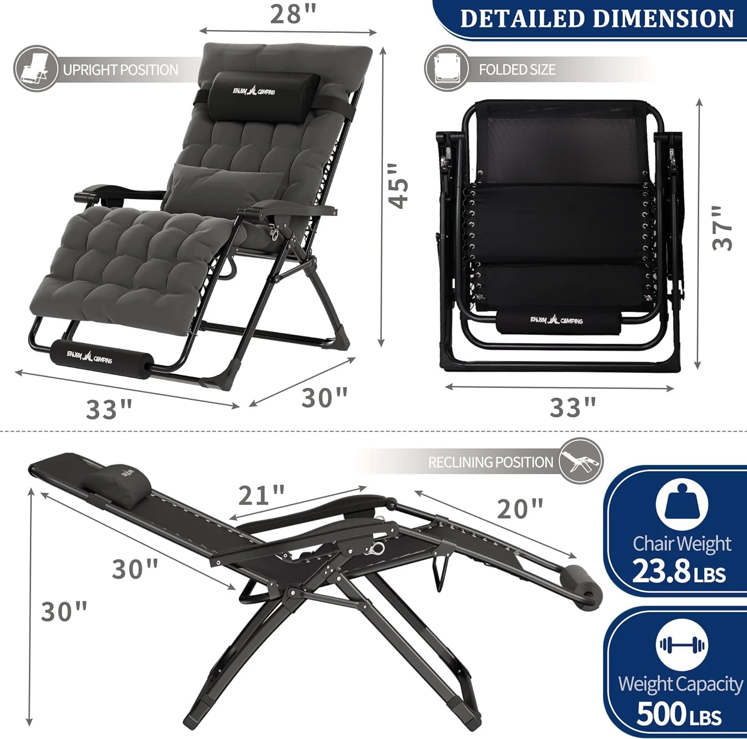 Poteban Oversized Zero Gravity Chair Set of 2, 33In XL Lawn Chair with Cushion,Support 500LB,Dark Gray