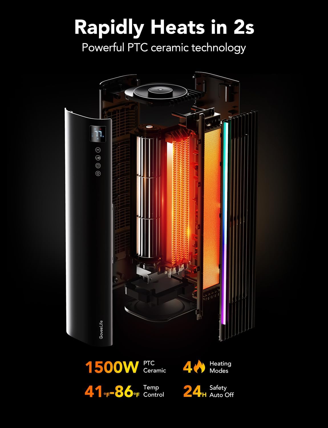 GoveeLife Space Heater Pro for Large Room, Smart Oscillating Ceramic Tower Heater with Thermostat, App & Voice Remote, Auto Modes, 24H Timer, Overheating & Tip-Over Protection 1500W Heater for Indoor