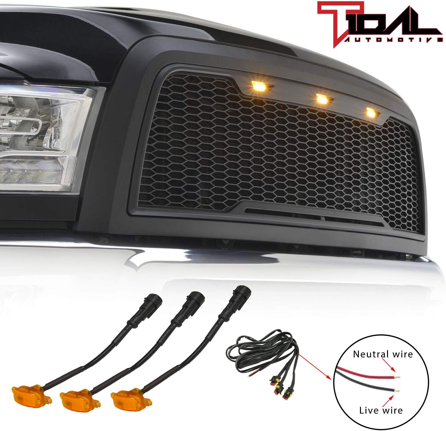 Tidal Replacement Ram ABS Upper Grille Front Hood Grill - Matte Black - With Amber LED Lights for 10-12 Ram 2500/3500 Heavy Duty