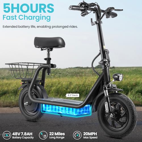 Caroma Peak 800W/1200W Electric Scooter Adults, 30 Miles Max Range, Foldable Electric Scooter with Seat, Front Suspension, Detachable Large Basket,Commuter E-Scooter for Adult and Teens