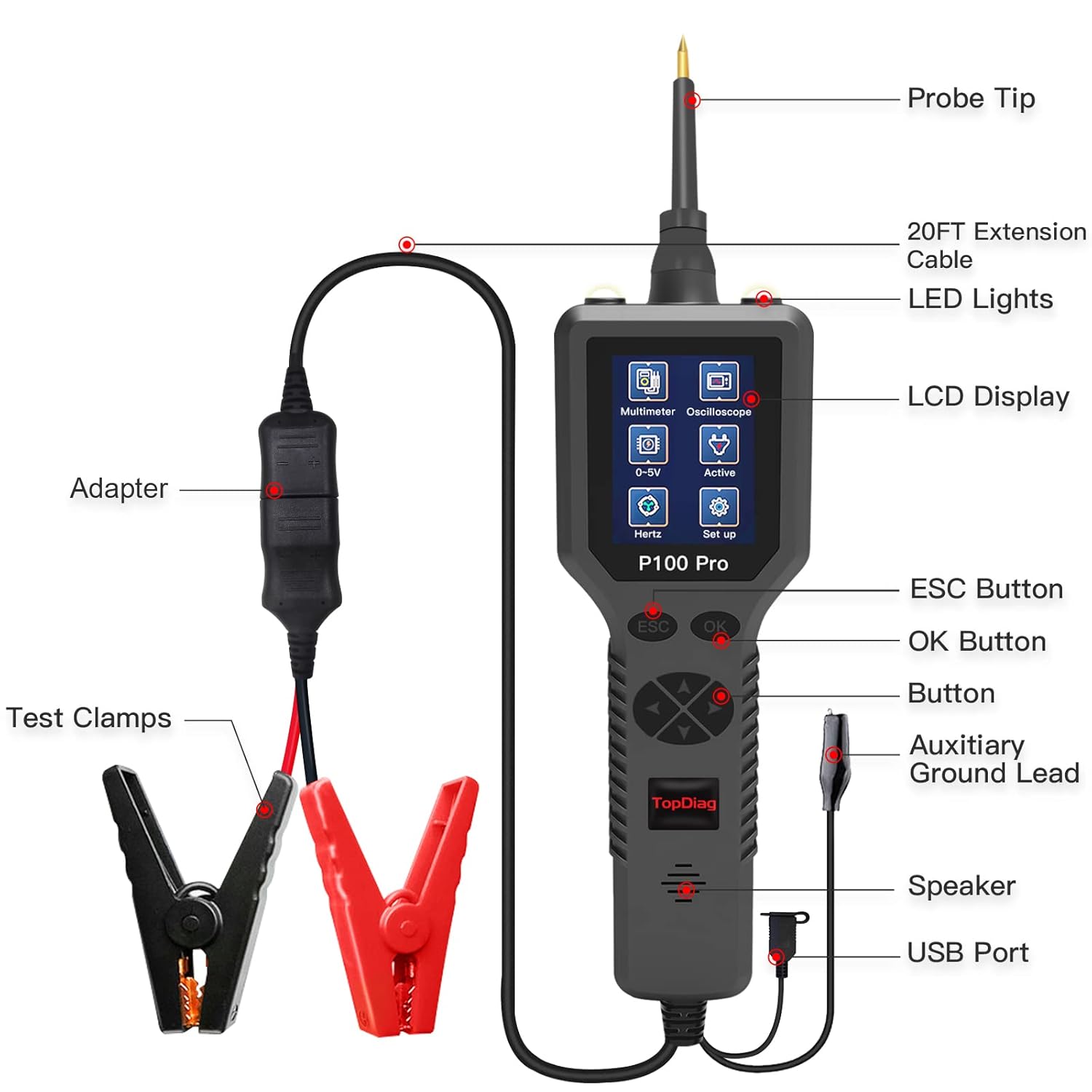 Power Circuit Probe Kit, Automotive Circuit Tester with Multimeter/Activating Component/Short Circuit Tester/Oscilloscope/0~5V Power with 20FT Cable Two LED Lights for 12V 24V Car Vehicle