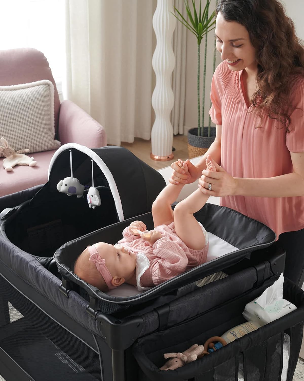 Pamo Babe 4 in 1 Deluxe Nursery Center, Magic Fold Portable Baby Playard with Zipper Gate, Foldable Baby Yard with Changing Table, Detachable Baby Bassinet