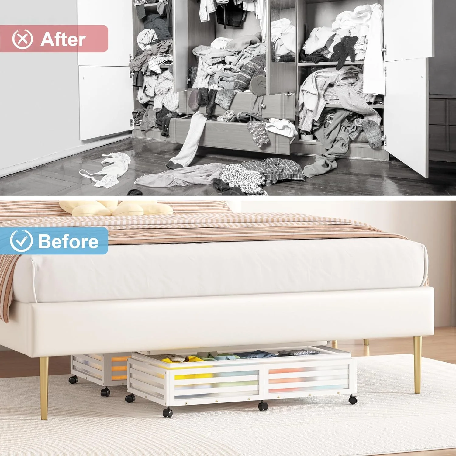 Under Bed Storage Containers With Wheels - 2 Pcs Bamboo Wood Rolling Shoe Storage Bins With Dust Bags for Clothes Blankets, Duvet Covers Snacks Toys (White)