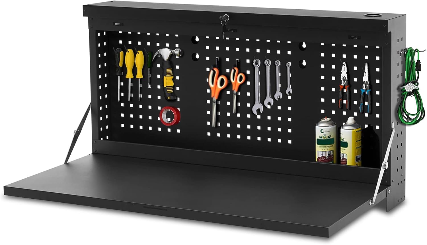 MCombo Metal Wall Mounted Workbench for Garage, Folding Worktable with Pegboards, Workstation Workout Bench for Shop (220lbs Load Bearing) Box11 (Black)