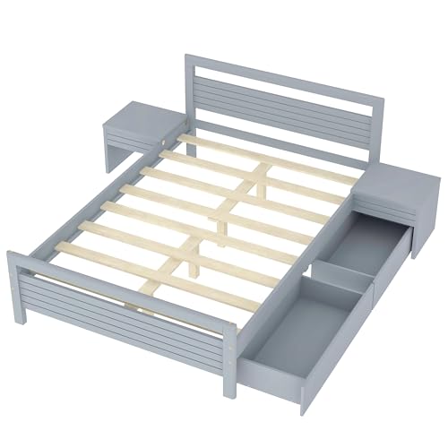 Merax Queen Size Wooden Platform Bed with 2 Storage Drawers and 2 Bedside Tables, Gray