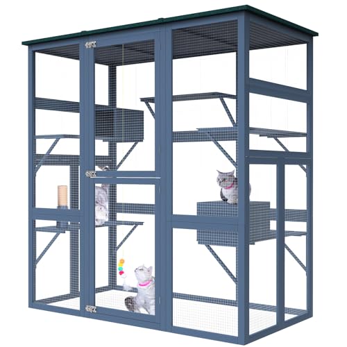 Catio Outdoor Cat Enclosure Large Walk in Cat Cage, Outdoor/Indoor Cat Catio for Multiple Cats with Waterproof Roof, 5 Platforms, 2 Resting Box, Cat Scratching Post