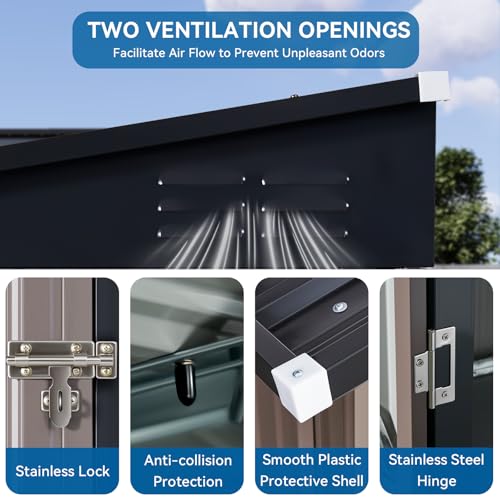 8'x4' Shed Galvanized Steel Storage Sheds with Triple Doors Weatherproof Outdoor Utility Sheds, Dual Lock Lean to Shed with Sloped Roof for Mower, Bike, Generator, Garden Tools (Black)