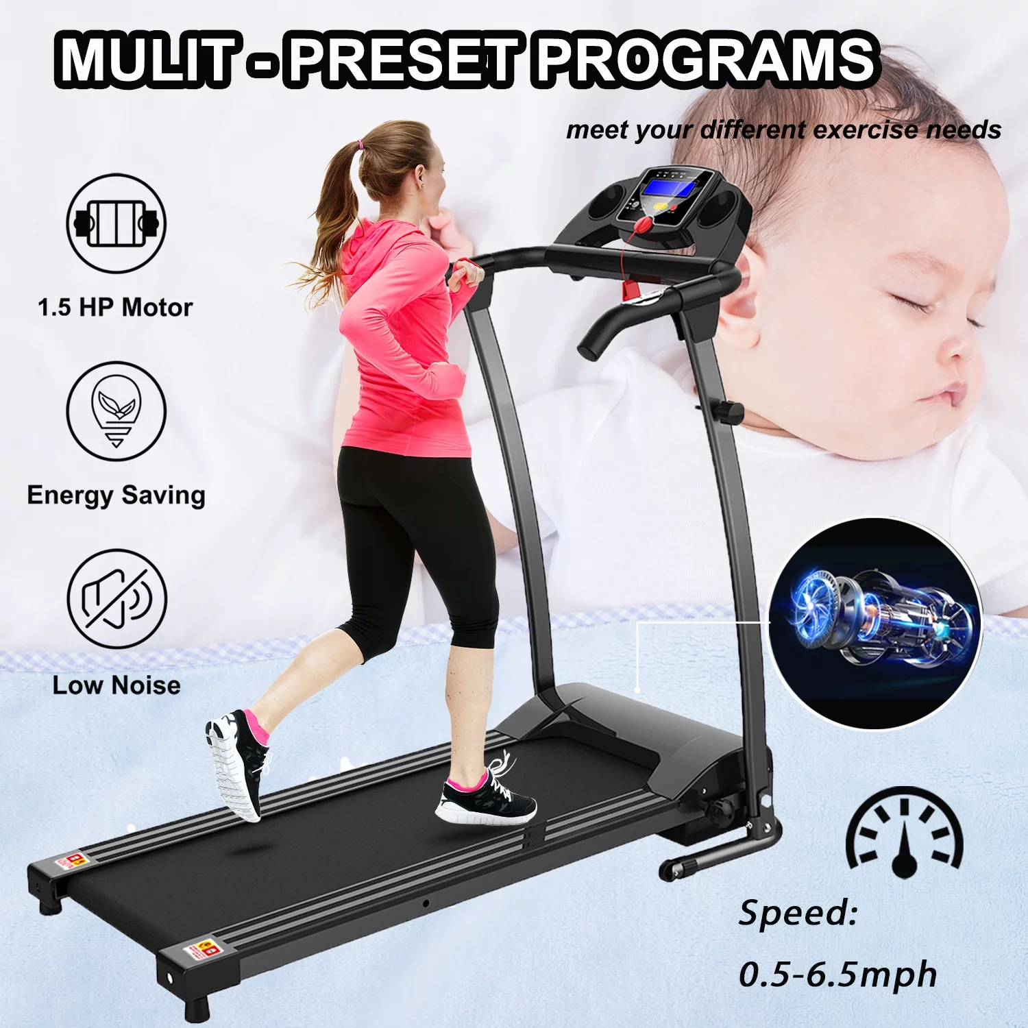 FYC Foldable Treadmills for Home, Electric Running Exercise Machine Compact Treadmill for Home Gym Fitness Workout Jogging Walking for Home Office Apartment, White
