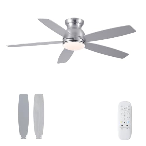52 Inch Low Profile Ceiling Fans with Lights, Black Flush Mount Ceiling Fan and Remote, 3 Color LED Dimmable DC Reversible Modern Ceiling Fan for Living Room, Bedroom, Dining Room.
